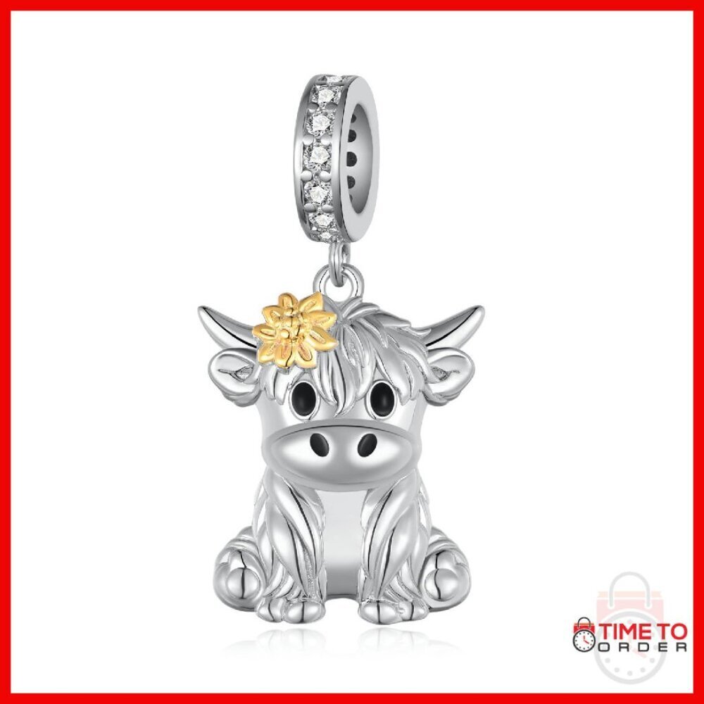 925 Sterling Silver Highland Cow Charm for Bracelets 0.67x0.55 Inch